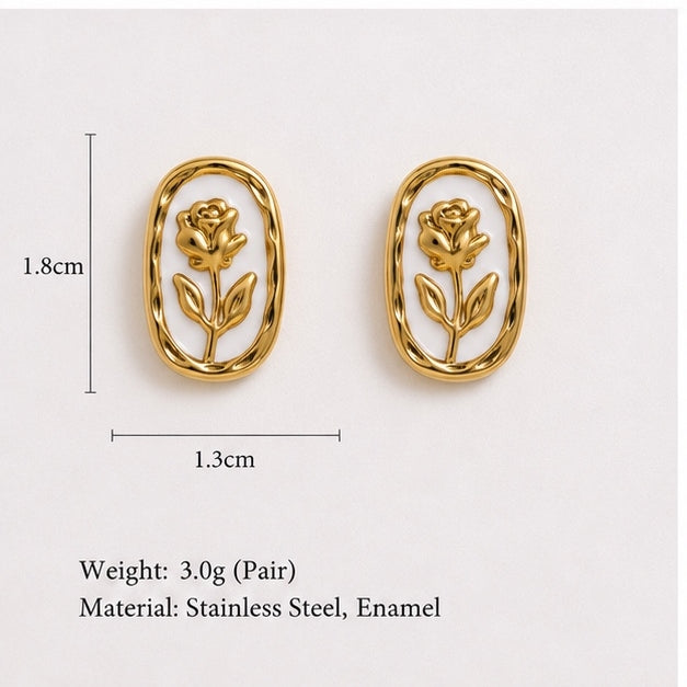 Vintage Rose Oval Stud Earrings for Women | Gold Tone Floral Enamel Earrings