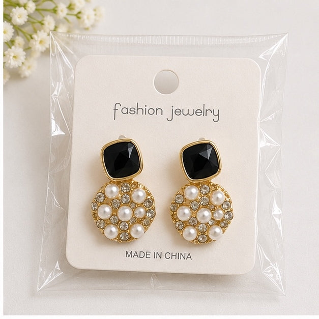 Luxury Black Stone Pearl Drop Earrings for Women | Gold Plated Statement Earrings