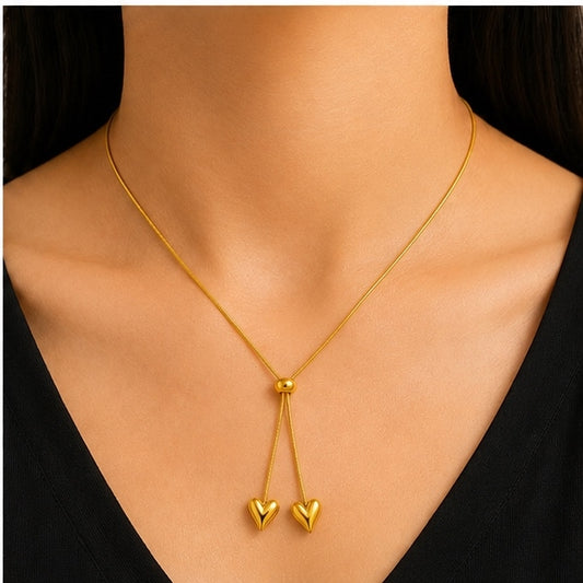 Gold Double Heart Pendant Necklace for Women | Anti Tarnish Stainless Steel Slider Necklace