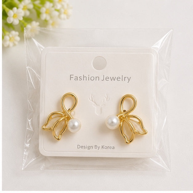 Elegant Pearl Leaf Stud Earrings for Women | Gold Tone Alloy Enamel Earrings