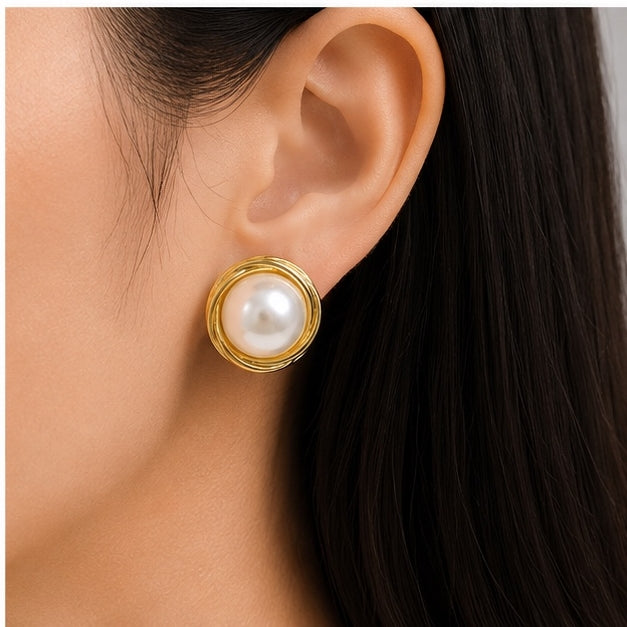 Classic Pearl Stud Earrings for Women | Gold Tone Round Pearl Earrings