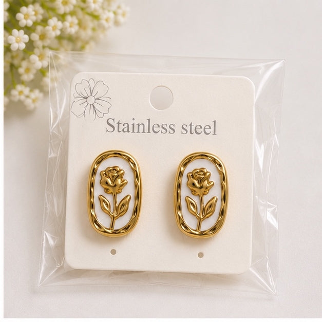 Vintage Rose Oval Stud Earrings for Women | Gold Tone Floral Enamel Earrings