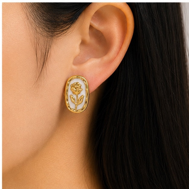 Vintage Rose Oval Stud Earrings for Women | Gold Tone Floral Enamel Earrings