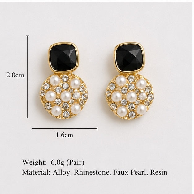 Luxury Black Stone Pearl Drop Earrings for Women | Gold Plated Statement Earrings