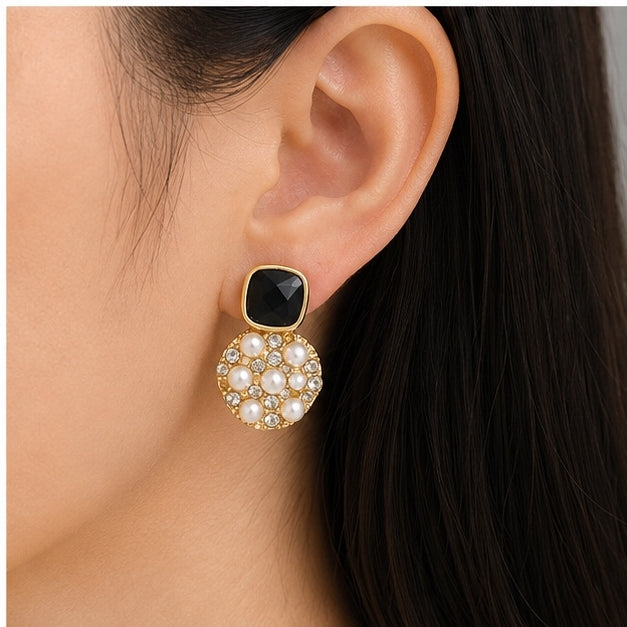 Luxury Black Stone Pearl Drop Earrings for Women | Gold Plated Statement Earrings