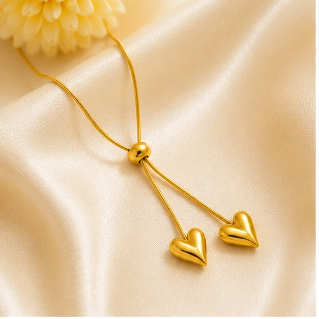 Gold Double Heart Pendant Necklace for Women | Anti Tarnish Stainless Steel Slider Necklace