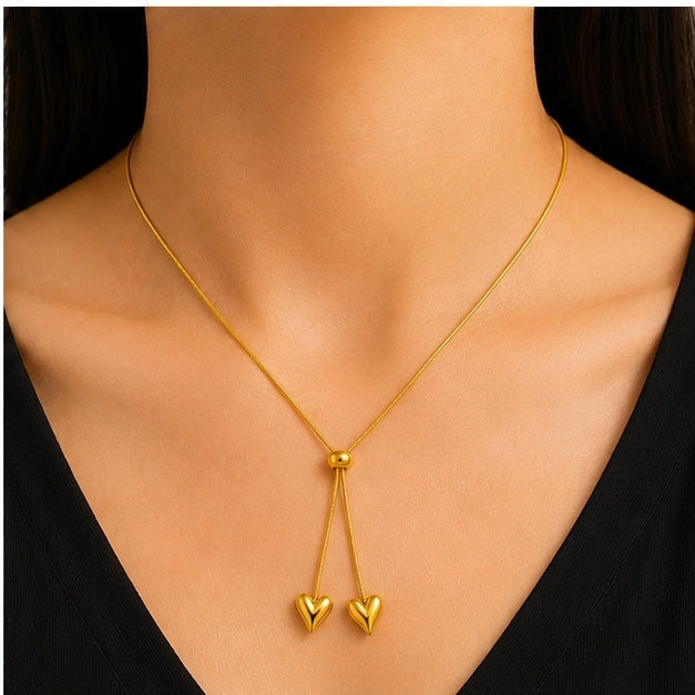 Gold Double Heart Pendant Necklace for Women | Anti Tarnish Stainless Steel Slider Necklace