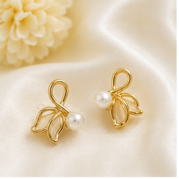 Elegant Pearl Leaf Stud Earrings for Women | Gold Tone Alloy Enamel Earrings