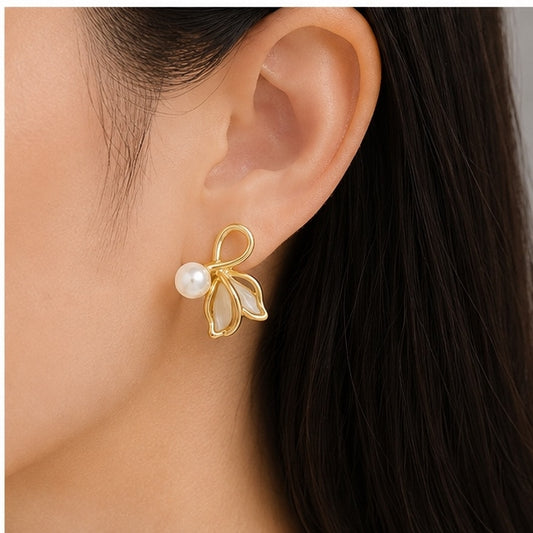 Elegant Pearl Leaf Stud Earrings for Women | Gold Tone Alloy Enamel Earrings