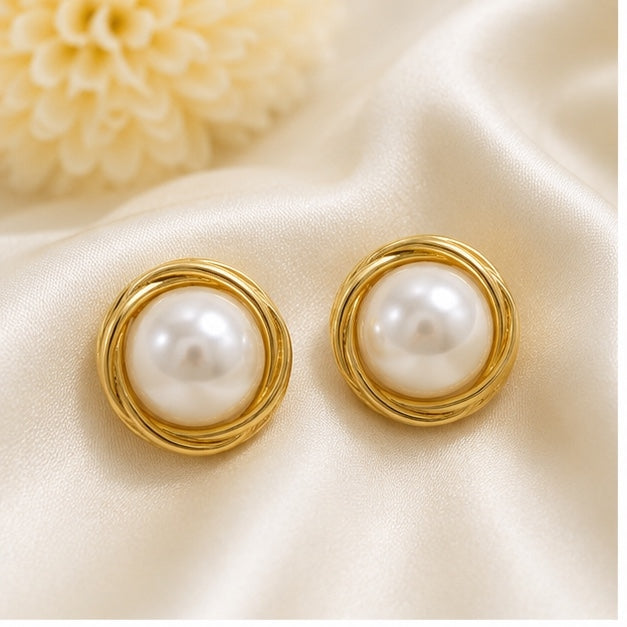 Classic gold tone round pearl stud earrings for women with elegant faux pearl design by Glanz Jewels.