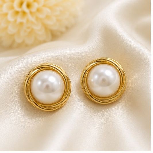 Classic gold tone round pearl stud earrings for women with elegant faux pearl design by Glanz Jewels.