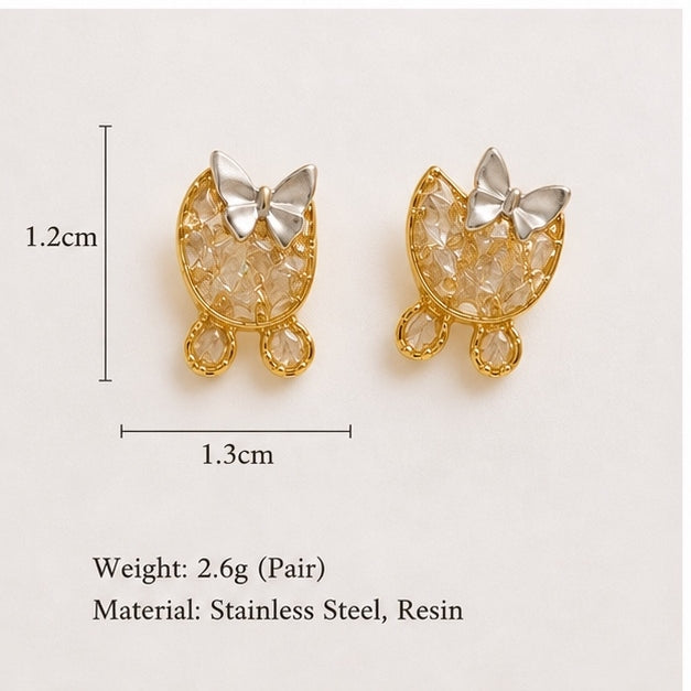 Cute Bow Cat Stud Earrings for Women | Gold Stainless Steel Resin Earrings