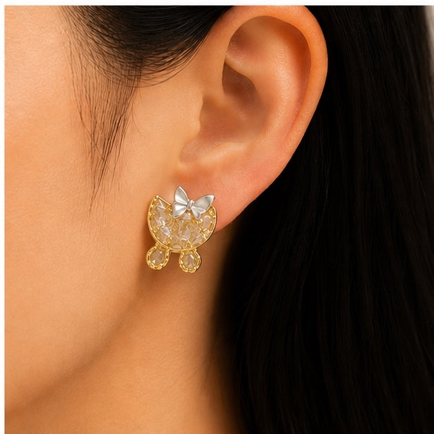 Cute Bow Cat Stud Earrings for Women | Gold Stainless Steel Resin Earrings