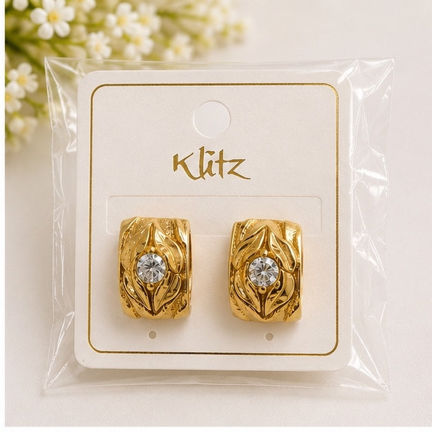 Luxury Crystal Leaf Hoop Earrings for Women | Gold Plated Stainless Steel Earrings