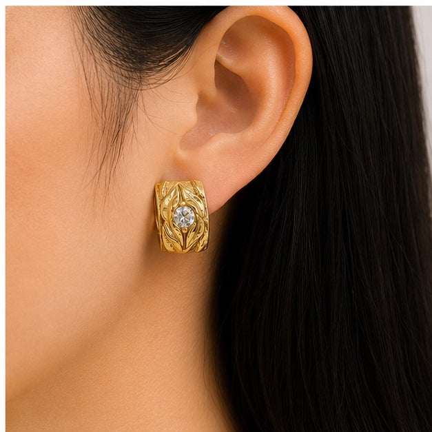 Luxury Crystal Leaf Hoop Earrings for Women | Gold Plated Stainless Steel Earrings