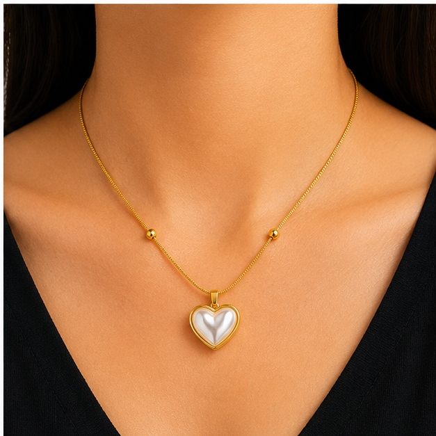 Gold Pearl Heart Pendant Necklace for Women | Anti Tarnish Stainless Steel Heart Necklace